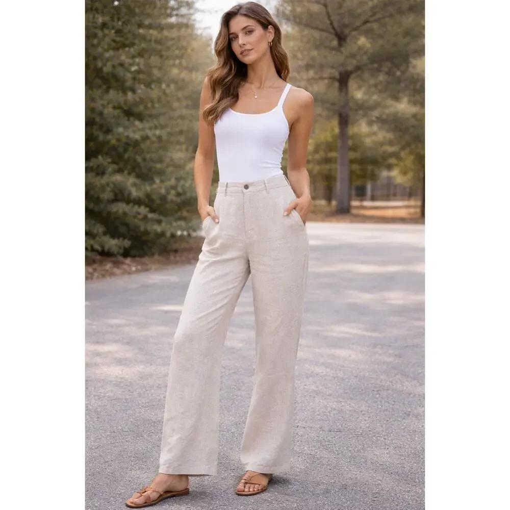 Reformation Linen Pants Beige High Rise Straight Leg Trousers Size 12